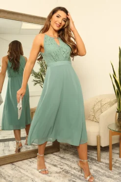 Sage Halterneck Lace Midi Dress by Double Second