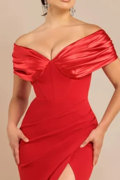 Satin & Scuba Off The Shoulder Maxi Dress - Red by Goddiva