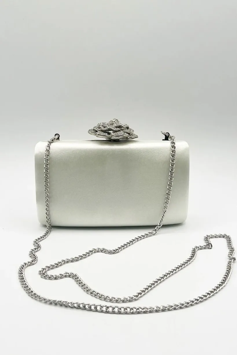 Satin Clutch Bag With Rose Jewel In Ivory by SVNX