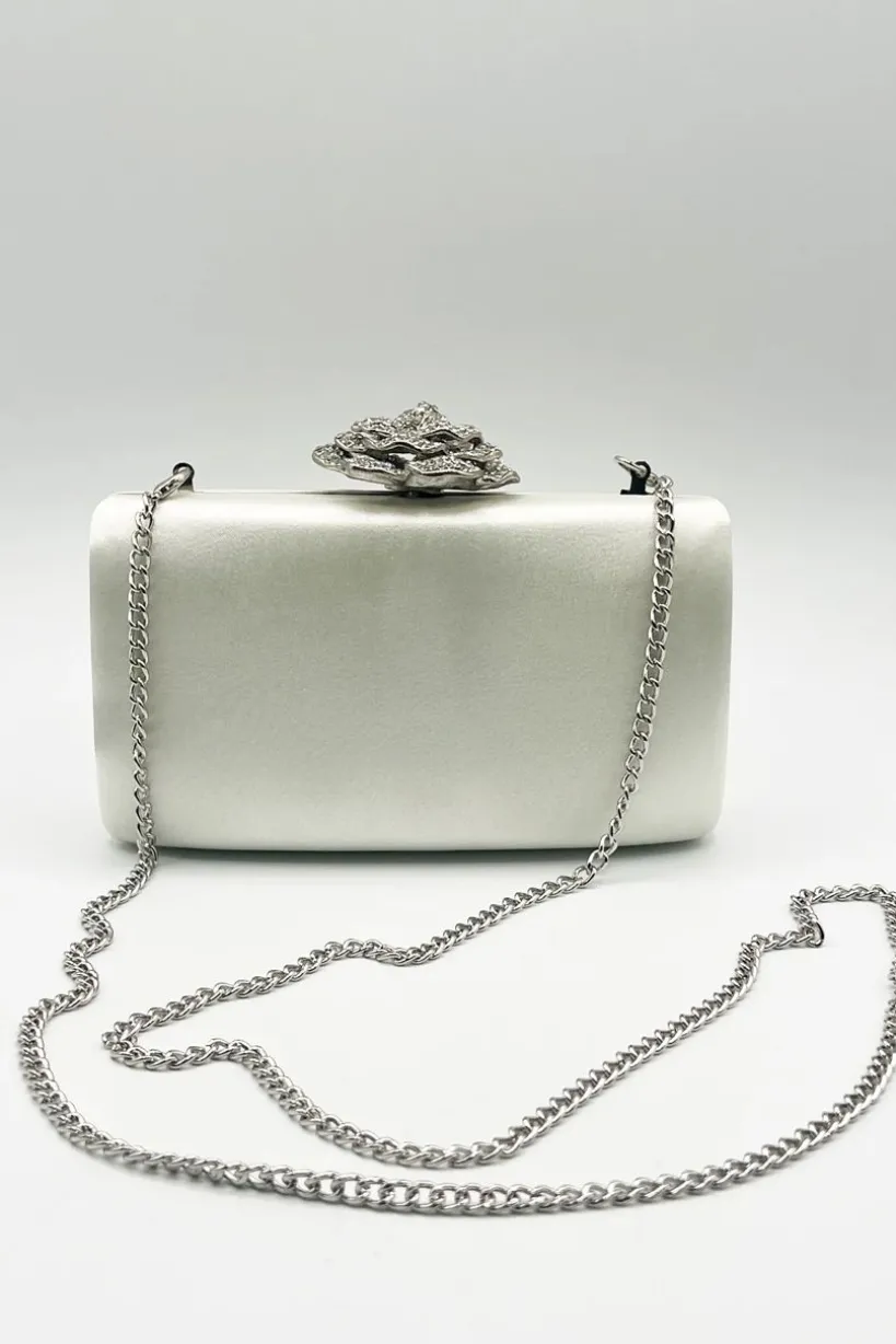 Satin Clutch Bag With Rose Jewel In Ivory by SVNX