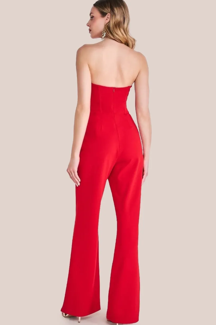 Satin Collar Scuba Jumpsuit - Red by Goddiva