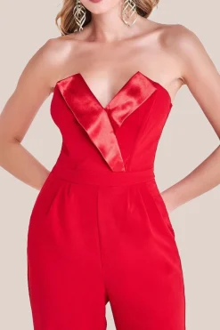Satin Collar Scuba Jumpsuit - Red by Goddiva