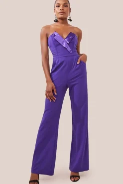 Satin Collar Scuba Jumpsuit - Purple by Goddiva