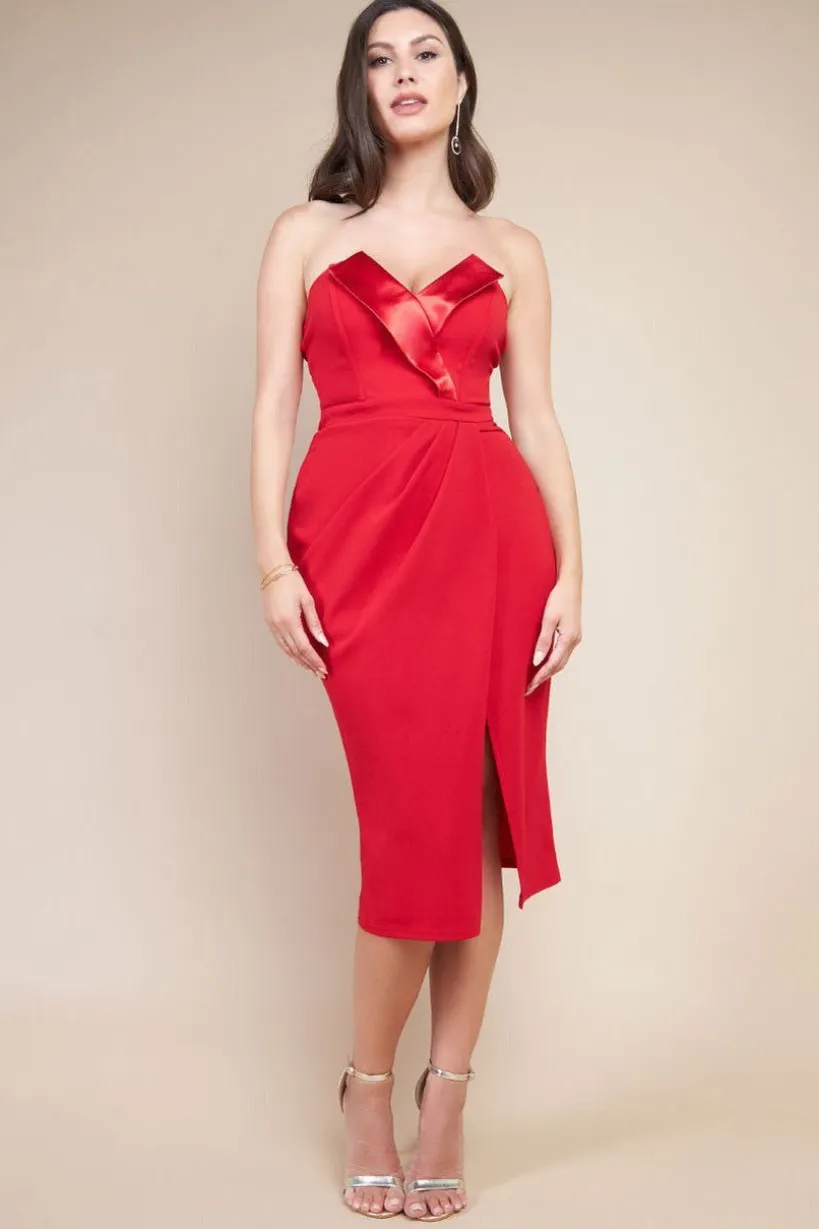 Satin Collar Scuba Midi Dress - Red by Goddiva