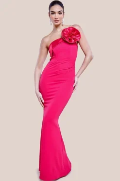 Satin Corsage Scuba Crepe Maxi Dress - Magenta by Goddiva