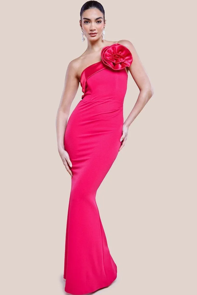 Satin Corsage Scuba Crepe Maxi Dress - Magenta by Goddiva