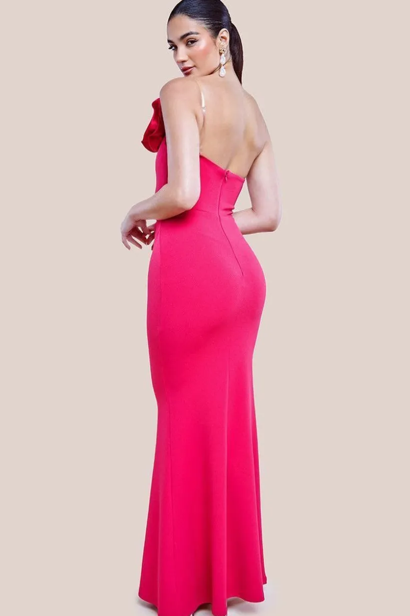 Satin Corsage Scuba Crepe Maxi Dress - Magenta by Goddiva