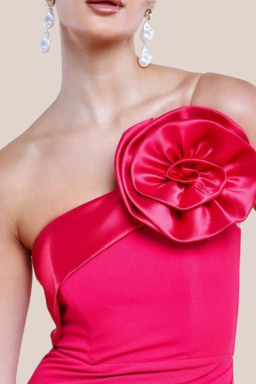 Satin Corsage Scuba Crepe Maxi Dress - Magenta by Goddiva