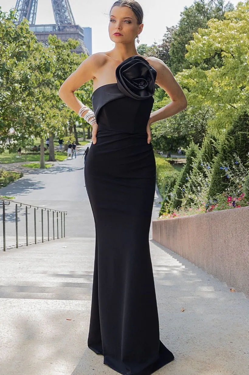 Satin Corsage Scuba Crepe Maxi Dress - Black by Goddiva