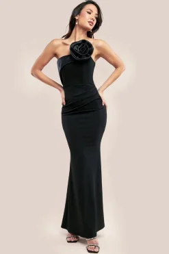 Satin Corsage Scuba Crepe Maxi Dress - Black by Goddiva
