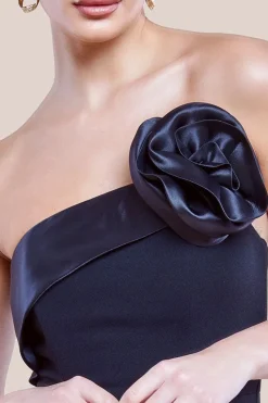 Satin Corsage Scuba Crepe Midi Dress - Black by Goddiva