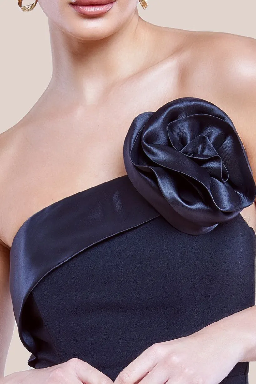 Satin Corsage Scuba Crepe Midi Dress - Black by Goddiva