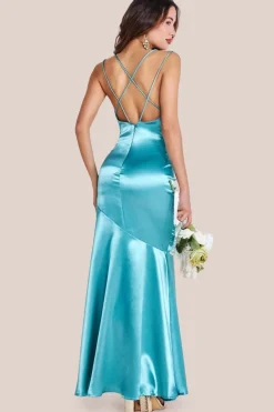 Satin Cowl Neck With Strappy Back Maxi - Aqua by Goddiva