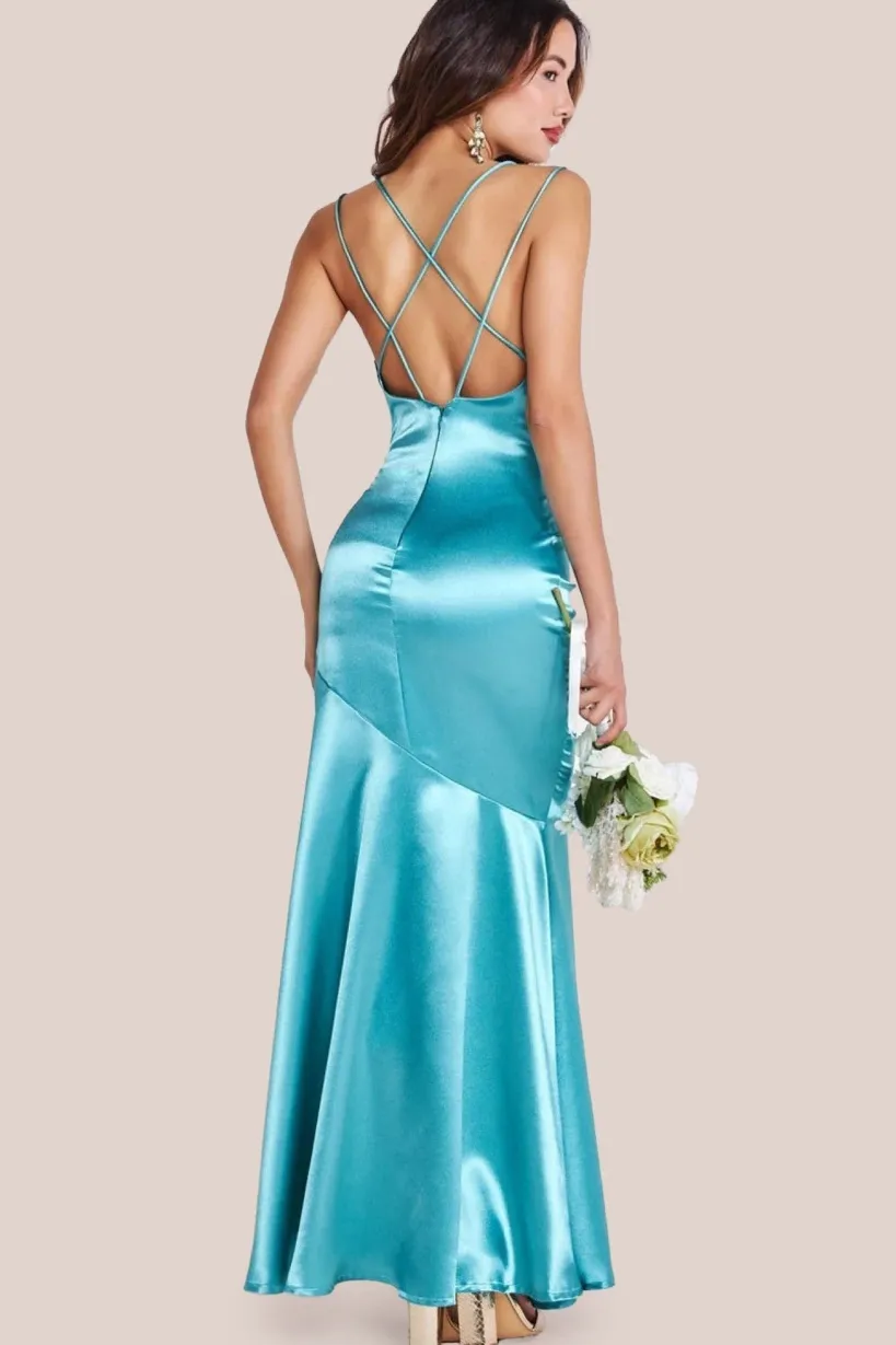 Satin Cowl Neck With Strappy Back Maxi - Aqua by Goddiva