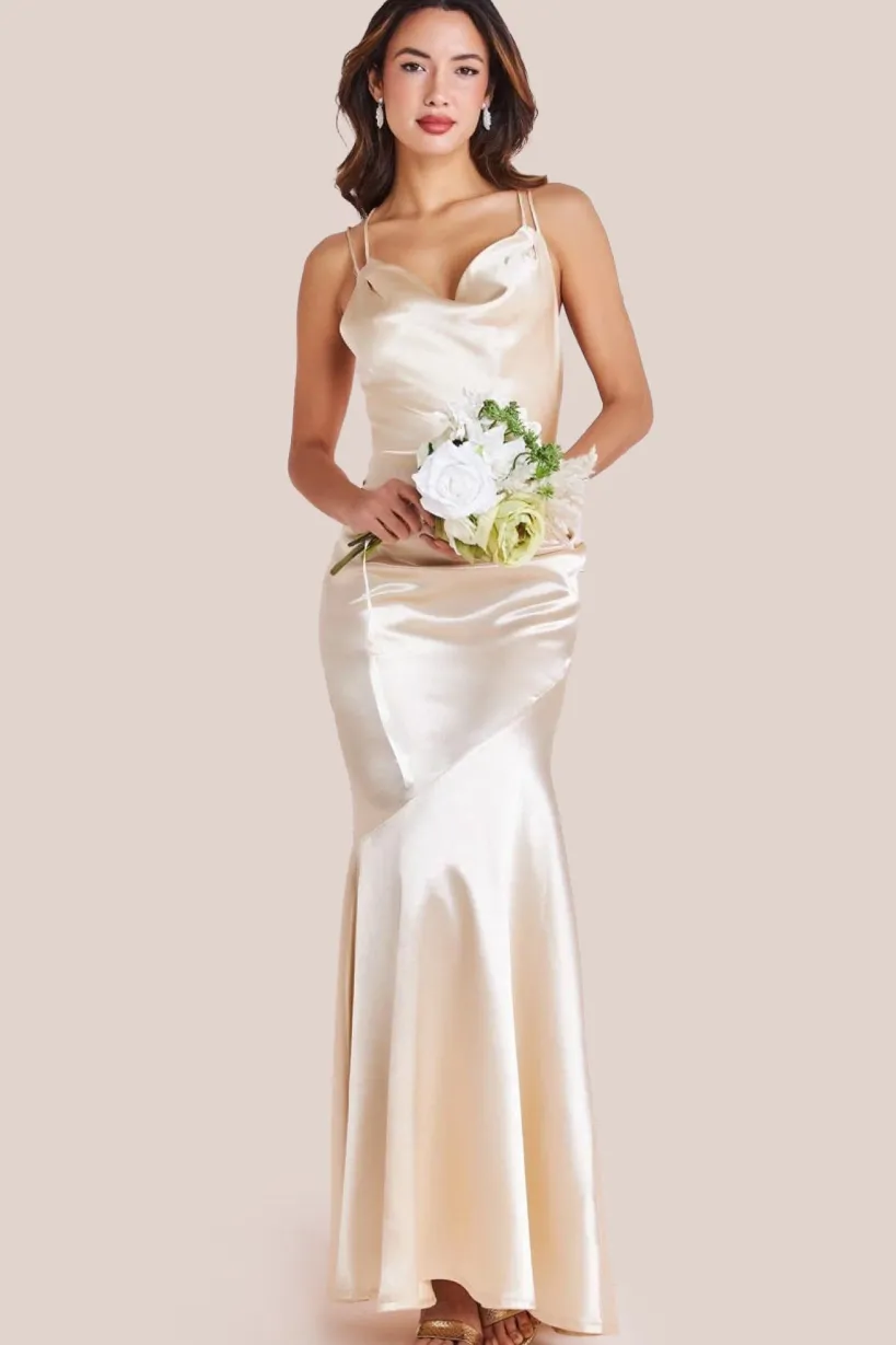 Satin Cowl Neck With Strappy Back Maxi - Champagne by Goddiva