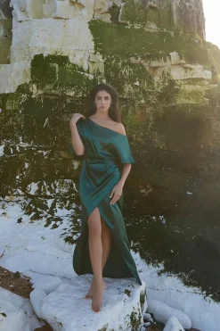 Satin Drape Shoulder Wrap Maxi Dress - Emerald Green by Goddiva