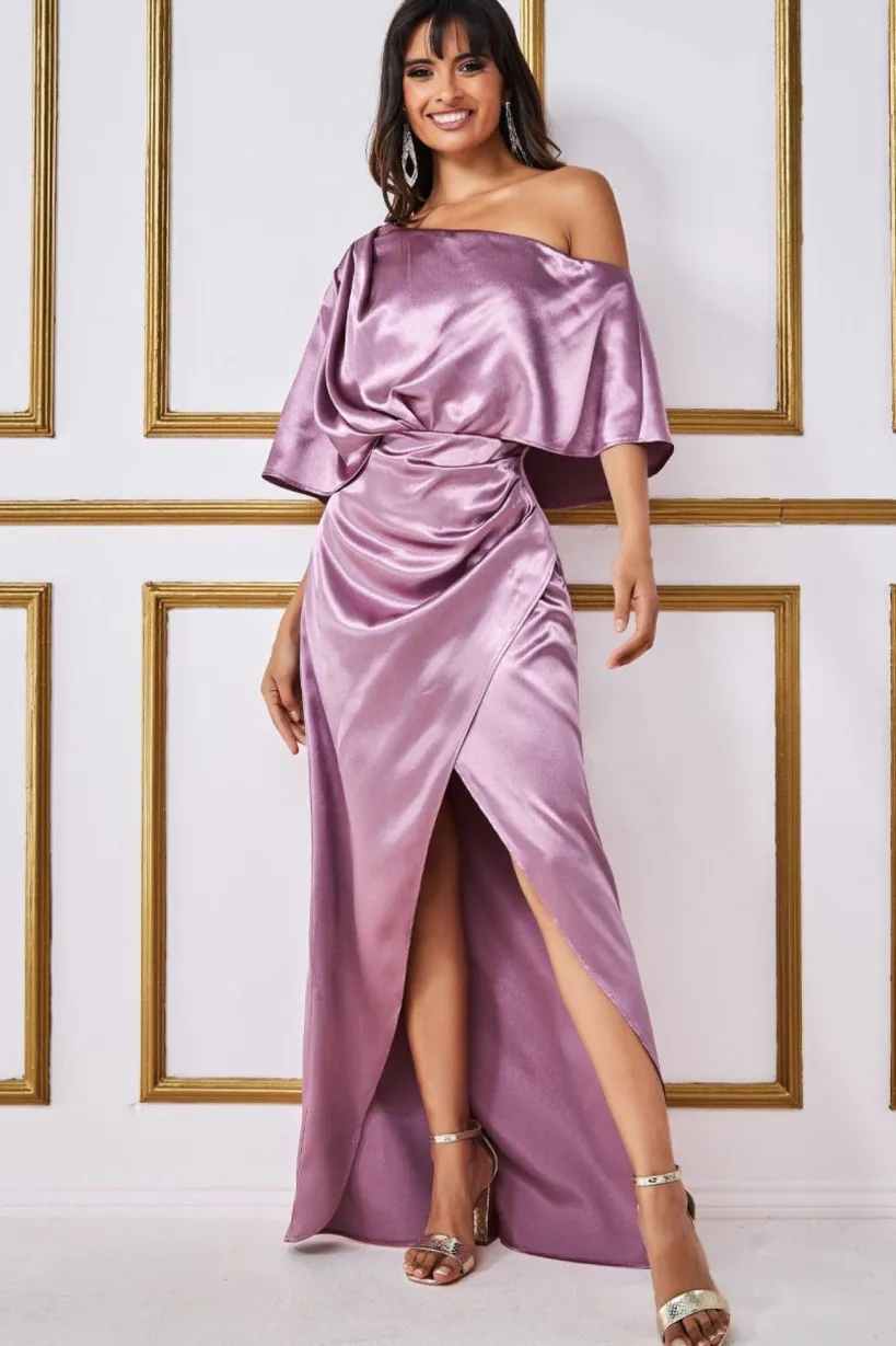 Satin Drape Shoulder Wrap Maxi Dress - Blush by Goddiva