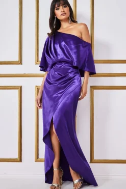 Satin Drape Shoulder Wrap Maxi Dress - Purple by Goddiva