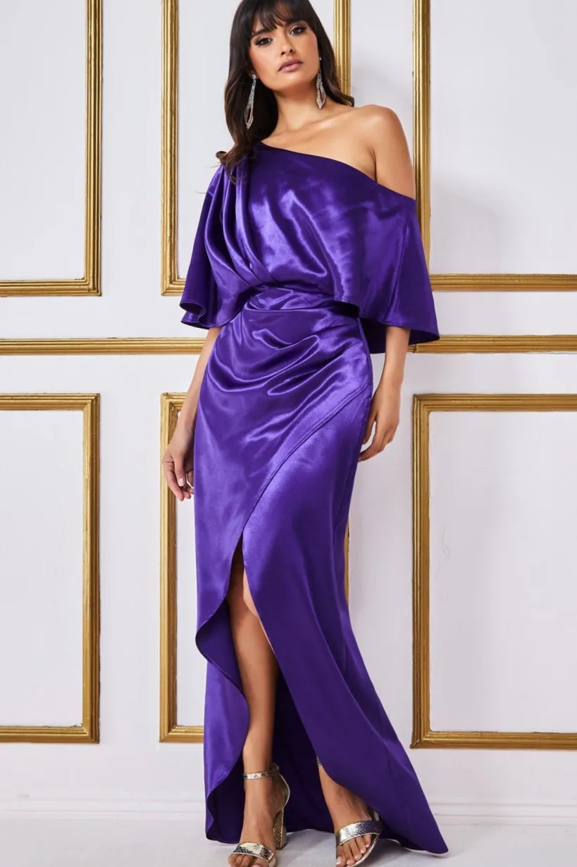 Satin Drape Shoulder Wrap Maxi Dress - Purple by Goddiva