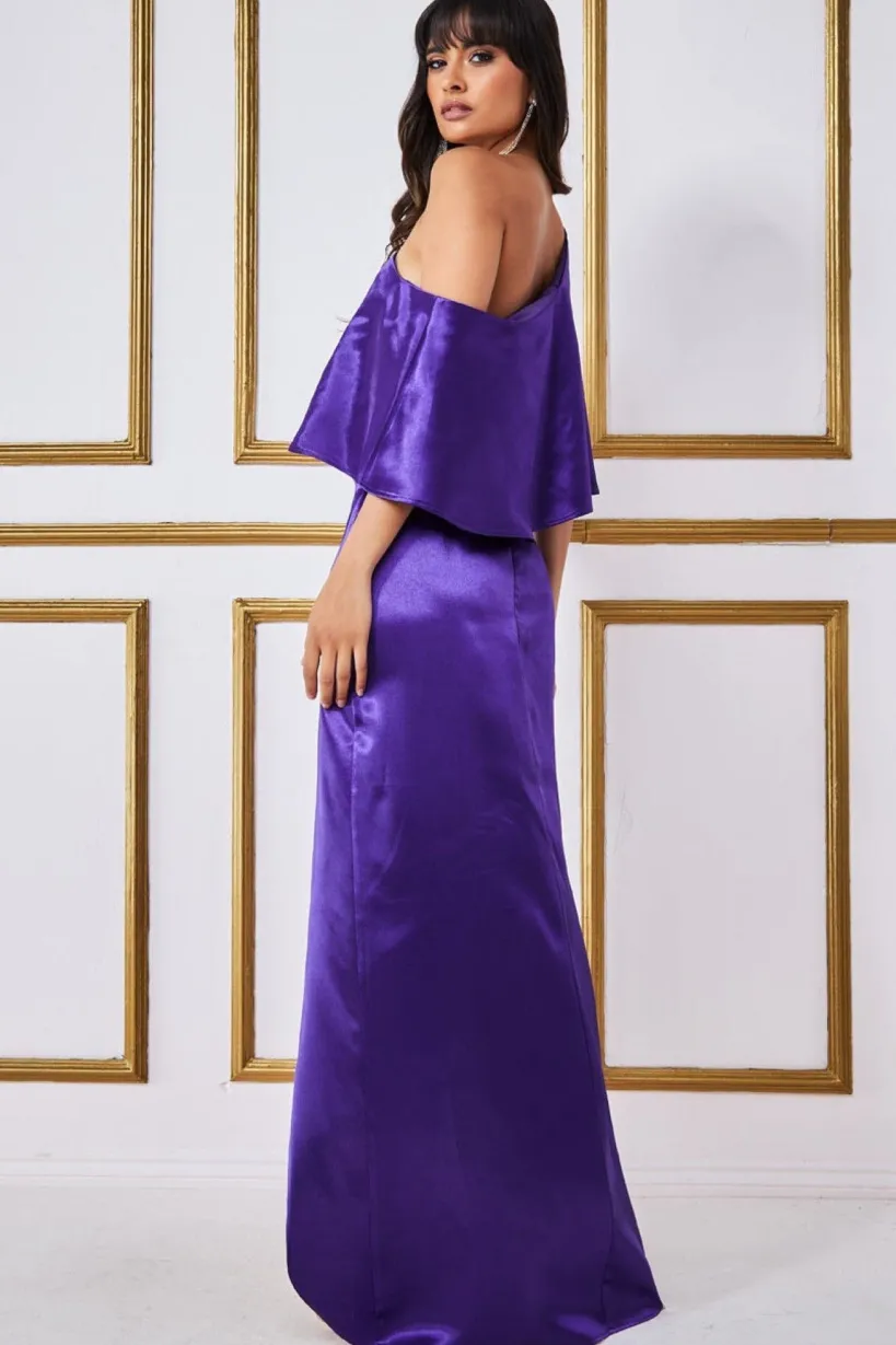 Satin Drape Shoulder Wrap Maxi Dress - Purple by Goddiva