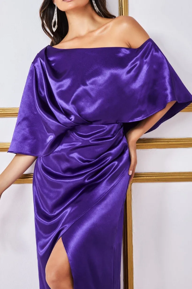 Satin Drape Shoulder Wrap Maxi Dress - Purple by Goddiva