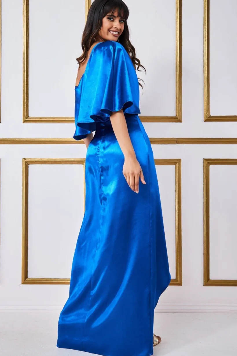 Satin Drape Shoulder Wrap Maxi Dress - Royal Blue by Goddiva