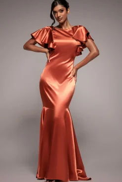 Satin Flutter Sleeve Mermaid Maxi - Burntorange by Goddiva