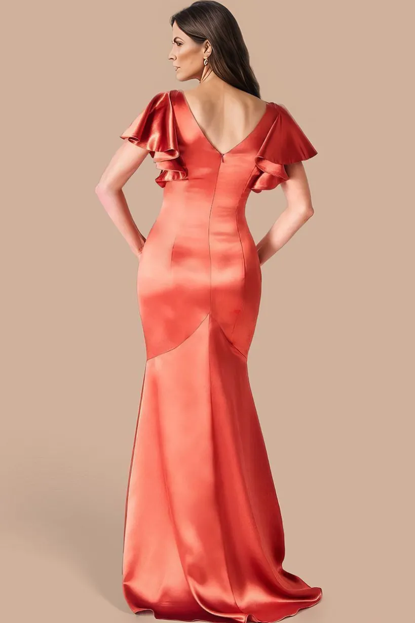 Satin Flutter Sleeve Mermaid Maxi - Burntorange by Goddiva