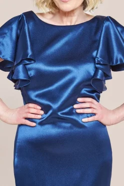 Satin Flutter Sleeve Mermaid Maxi Dress - Navy by Goddiva
