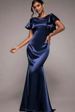 Satin Flutter Sleeve Mermaid Maxi - Navy by Goddiva
