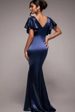 Satin Flutter Sleeve Mermaid Maxi - Navy by Goddiva