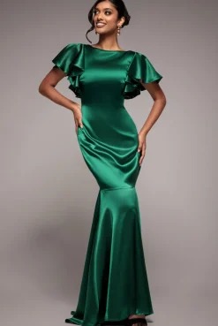 Satin Flutter Sleeve Mermaid Maxi - Emerald Green by Goddiva