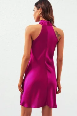 Satin Halter Neck Mini Dress In Fuchsia by FS Collection