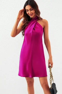 Satin Halter Neck Mini Dress In Fuchsia by FS Collection