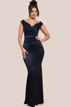 Satin Off The Shoulder Maxi Dress - Black by Goddiva