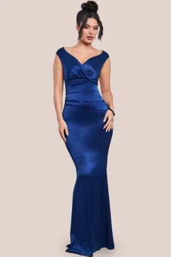 Satin Off The Shoulder Maxi Dress - Navy Blue by Goddiva