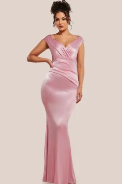 Satin Off The Shoulder Maxi Dress - Pink by Goddiva