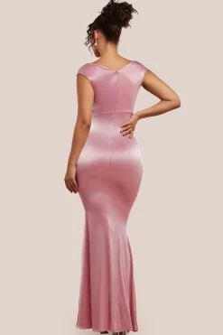 Satin Off The Shoulder Maxi Dress - Pink by Goddiva