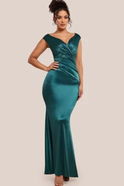Satin Off The Shoulder Maxi Dress - Emerald Green by Goddiva