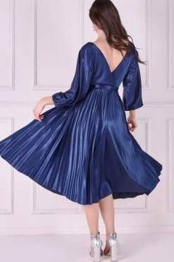 Satin Pleated Skirt Wrap Midi Dress - Navy by Goddiva