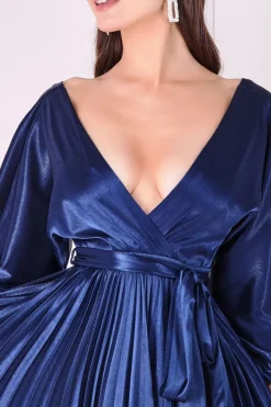 Satin Pleated Skirt Wrap Midi Dress - Navy by Goddiva