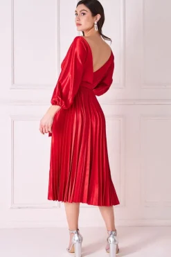 Satin Pleated Skirt Wrap Midi Dress - Red by Goddiva