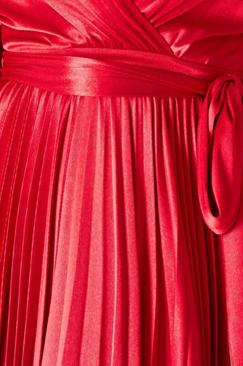Satin Pleated Skirt Wrap Midi Dress - Red by Goddiva