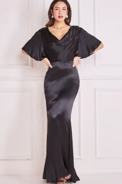 Satin Viscose Cowl Neck Maxi With Train - Black by Goddiva