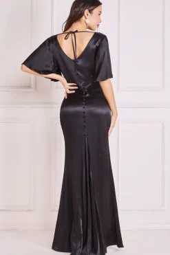 Satin Viscose Cowl Neck Maxi With Train - Black by Goddiva