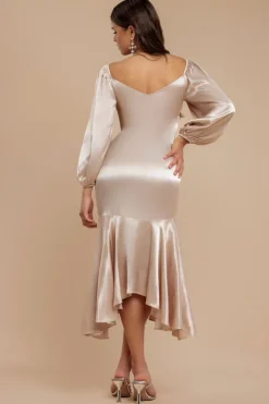 Satin Viscose Front Buttoned Dipped Hem Midaxi Dress - Champagne by Goddiva