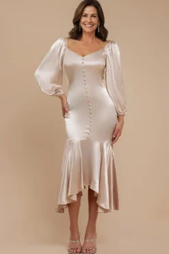 Satin Viscose Front Buttoned Dipped Hem Midaxi Dress - Champagne by Goddiva
