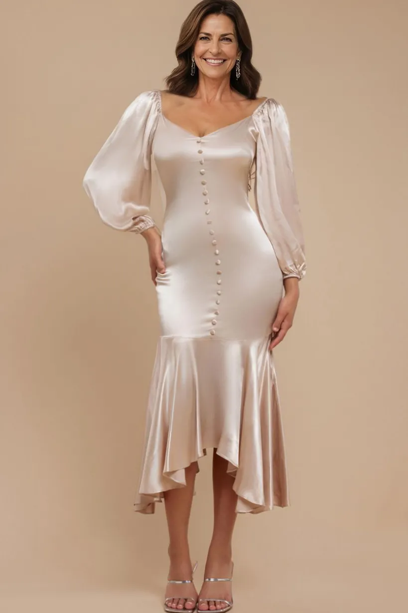 Satin Viscose Front Buttoned Dipped Hem Midaxi Dress - Champagne by Goddiva