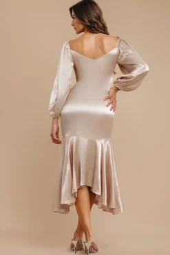 Satin Viscose Front Buttoned Dipped Hem Midaxi Dress - Champagne by Goddiva