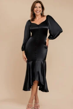 Satin Viscose Front Buttoned Dipped Hem Midaxi Dress - Black by Goddiva